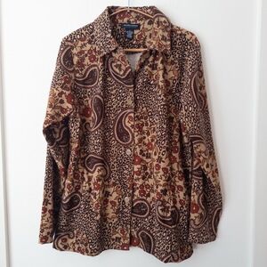 Y2K Button Up Shirt Womens M‎ Boho 90s Paisley Brown Earthy Grunge Indie Sleaze